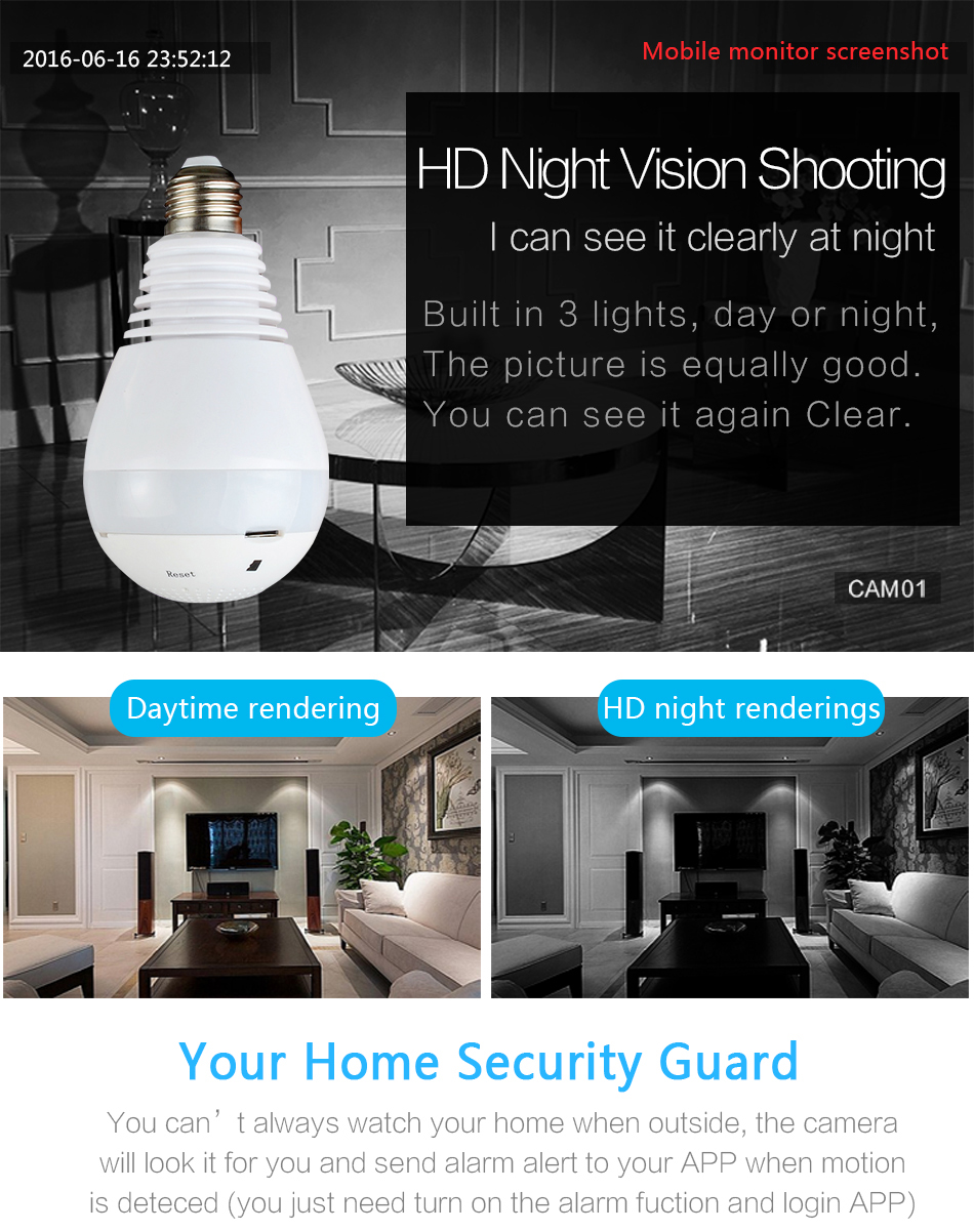 2018 Wireless IP Camera Bulb Light FishEye Smart Home CCTV 3D 360 degree VR Camera 2MP Home Security Panoramic Night Vision