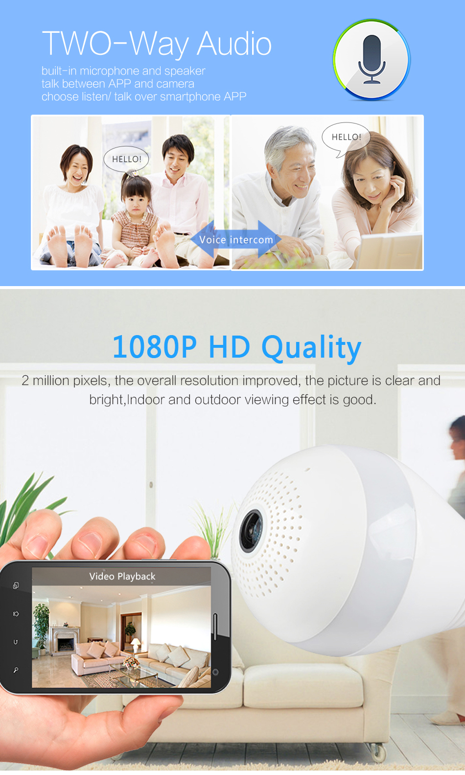 2018 Wireless IP Camera Bulb Light FishEye Smart Home CCTV 3D 360 degree VR Camera 2MP Home Security Panoramic Night Vision